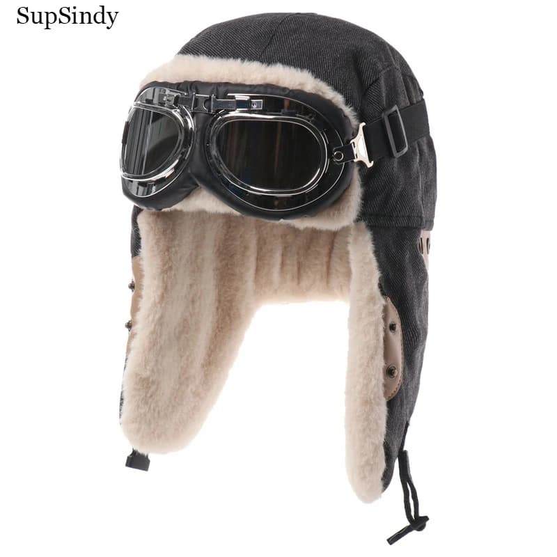 SupSindy Cappello Bomber invernale da uomo con occhiali da moto all'aperto antivento caldo cappello da pilota con paraorecchie in pelliccia termica Ushanka