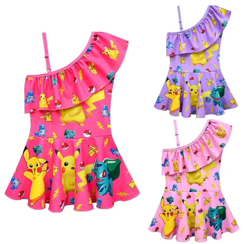 Pikachu full-sized swimsuit for girl with volant and shoulders, for beach
