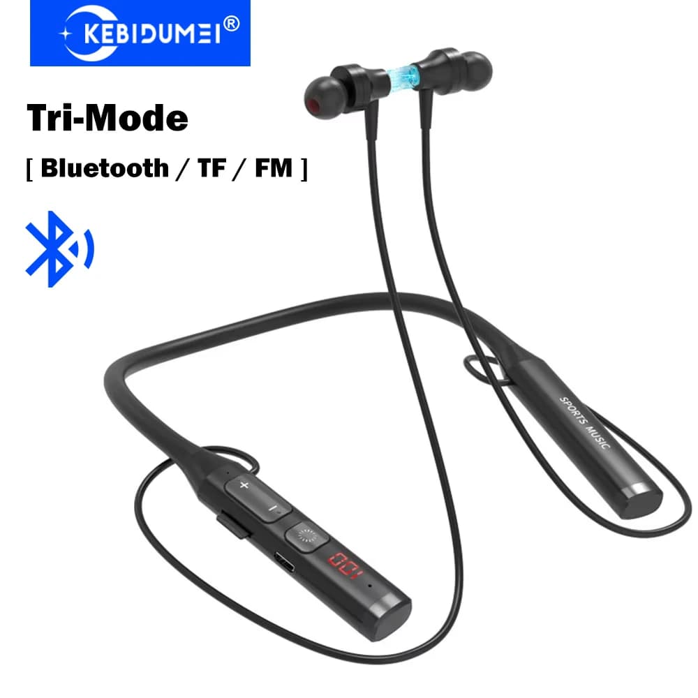 KEBIDUMEI Auricolari Bluetooth Tri-Mode con fascia da collo, cuffie wireless Bluetooth/TF/FM, cuffie sportive HiFi stereo con riduzione del rumore
