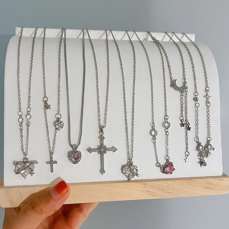 8pcs Y2K Crystal Heart Bow Cross Pendant Necklace Set For Women Fashion Kpop Shiny Clavicle Chain Necklaces Sweet Girls Jewelry