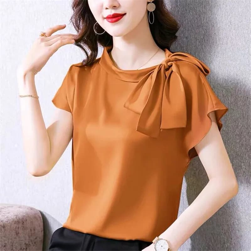 Women's Silk Ice Shirts for Office, Vintage Chiffon Blusa, Summer Shirt Strong Sizes in Satin Acetate, Elegant Artificial Silk Top with Bow