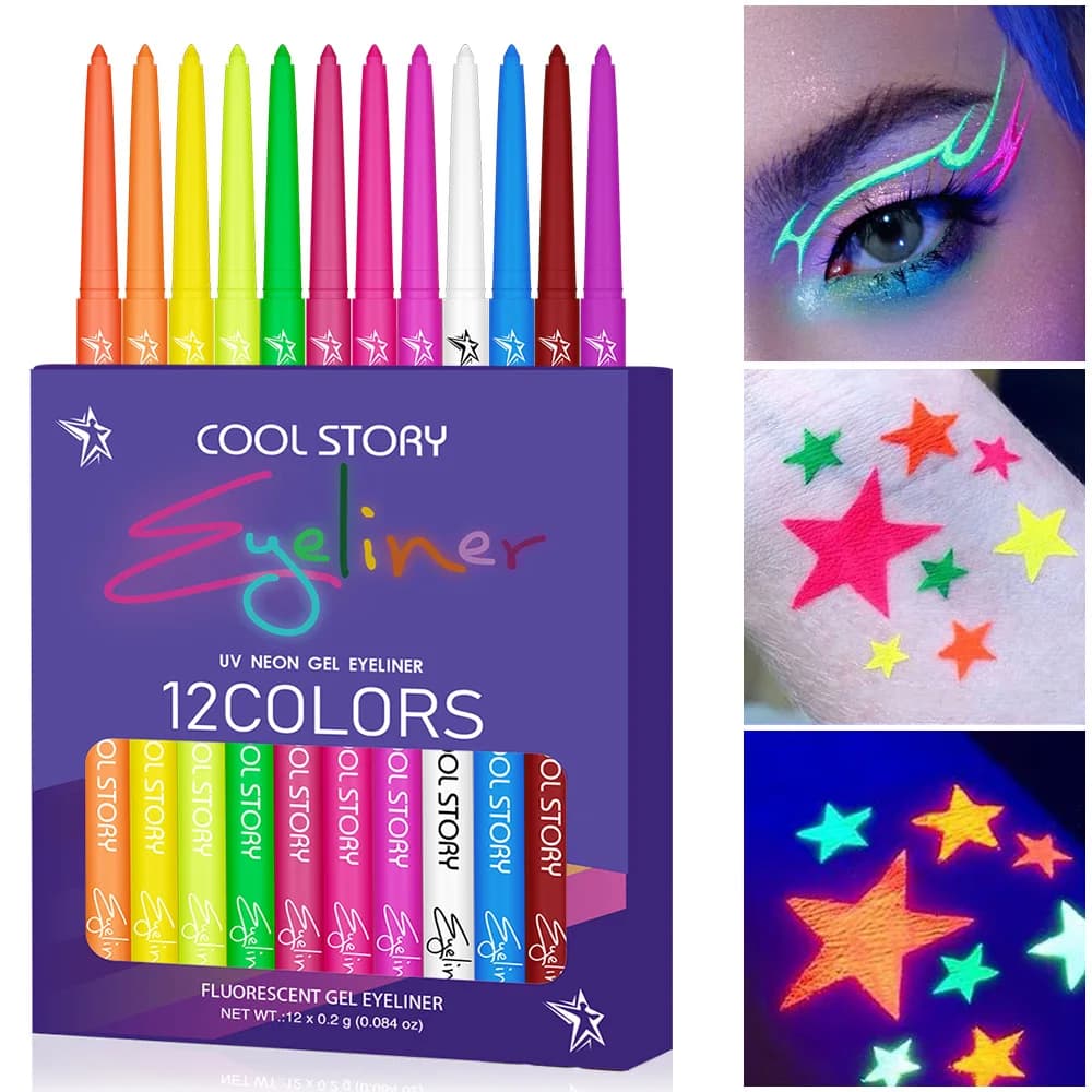 Eyeliner fluorescente a 12 colori Penna gel eyeliner impermeabile UV Penna per pittura per il viso di Halloween Eyeliner ad asciugatura rapida