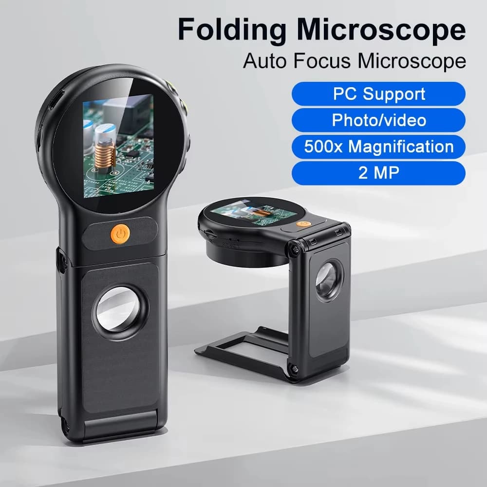 Lente d'ingrandimento da 2 pollici per riparazione elettronica Microscopio digitale con messa a fuoco automatica 500X con microscopi video a moneta da 8 LED da 2 MP pieghevoli