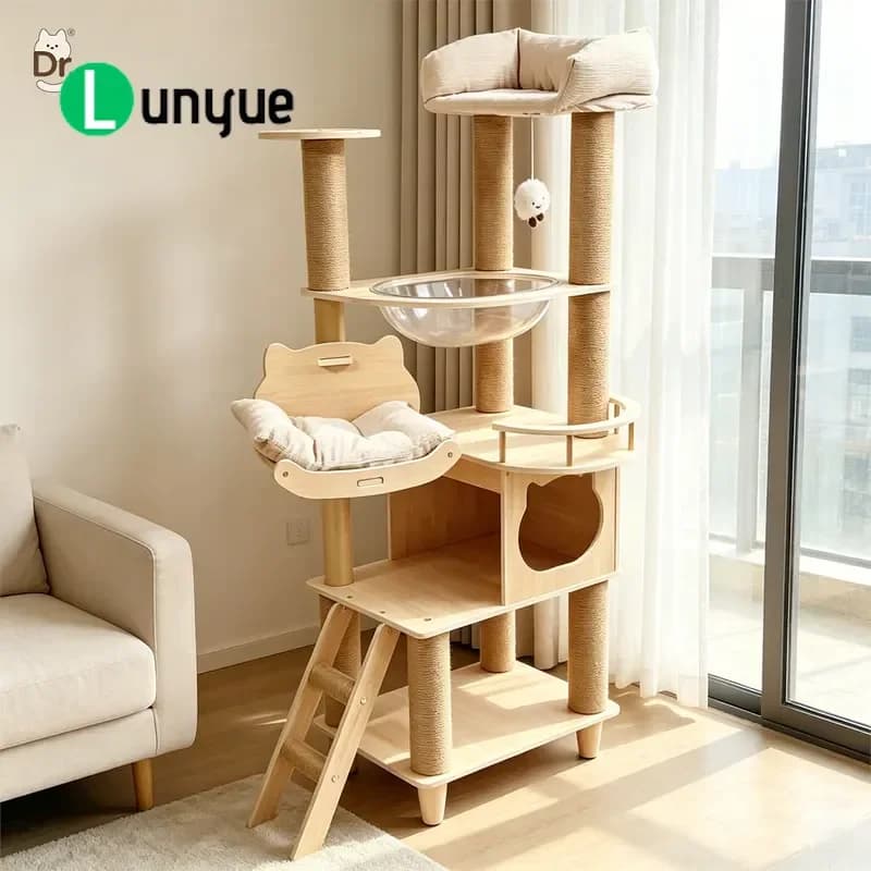 Multifunctional Cat Tree with Closed Nest High Jumping Platform Wear Resistant Hemp Rope Scratching Post Interactive Teaser