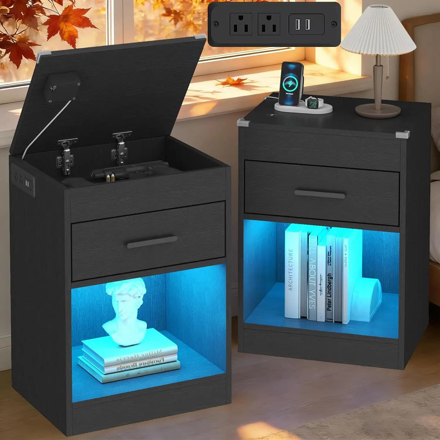 Black Nightstand Set of 2 with Charging Station, LED Night Stand with Drawer Storage & RFID Lock Cabinet, Smart Nightstand for Hidden Compartment, Wooden Modern Bedside Table for Bedroom