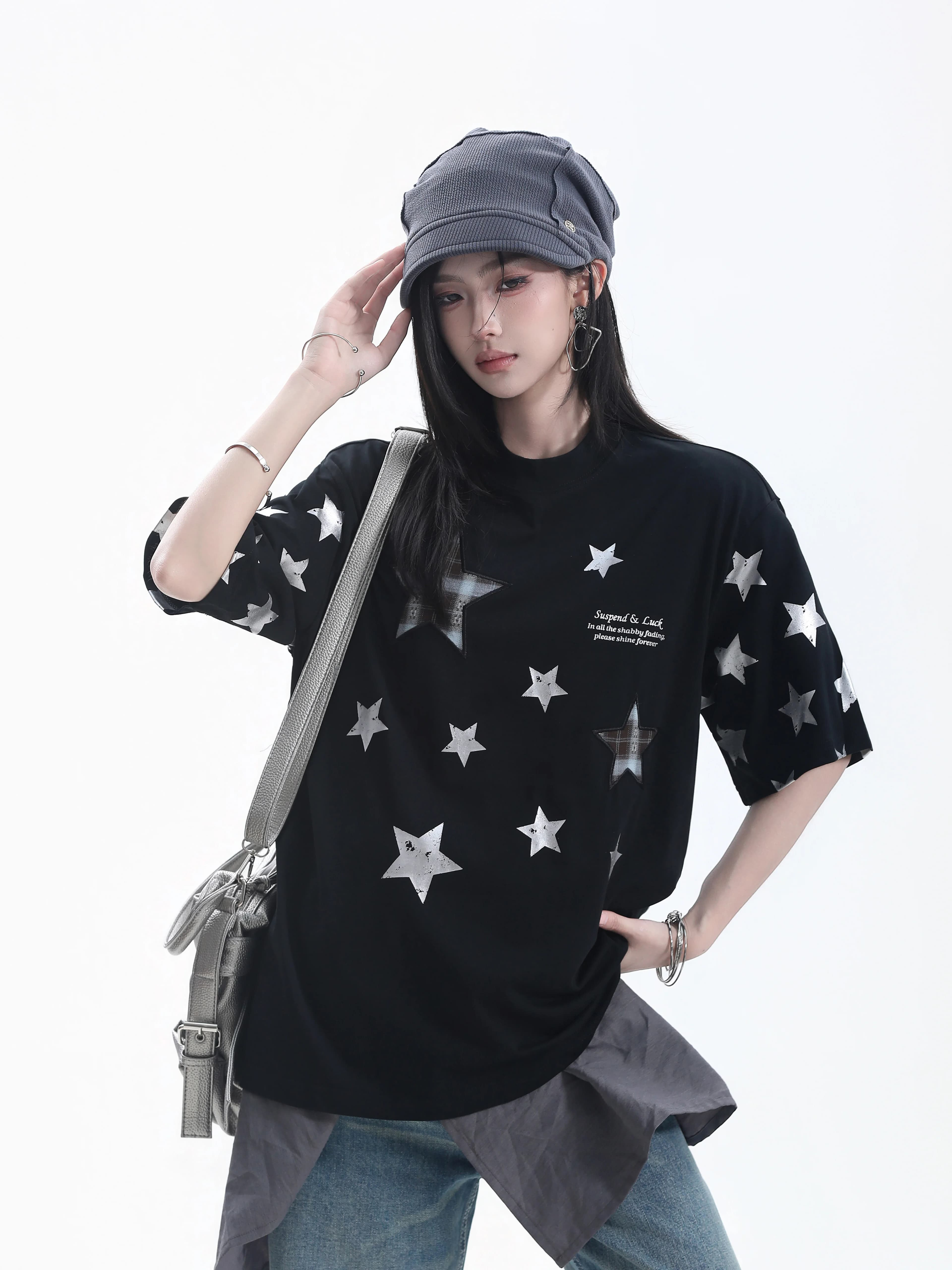 Casual Style American Cool Sweet Loose Short Sleeve T-Shirt Women's Star Print Plaid Patchwork Versatile Couple Top
