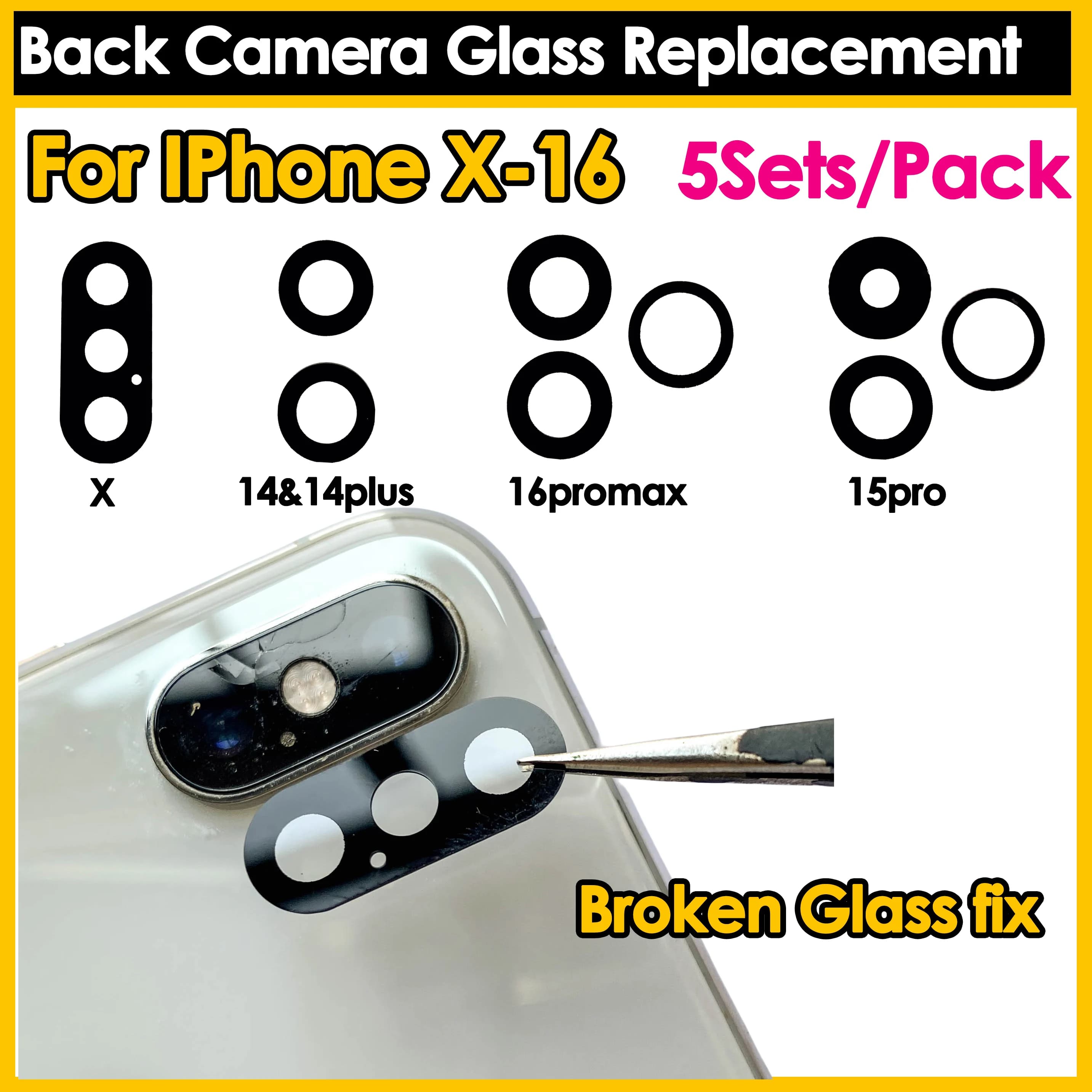 5Set Nuovo Vetro Della Fotocamera Posteriore di Ricambio per iPhone 16 15 14 13 12 11 pro max X Xs Max Xr Plus Kit di Riparazione Dell'obiettivo Della Fotocamera Rotto