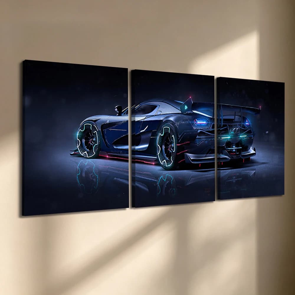 Set di 3 Quadri su Tela con Cornice in Legno, Stampa Notturna di Supercar al Neon, Decorazione per Man Cave, Soggiorno, Camera da Letto, Garage, Ufficio, Casa