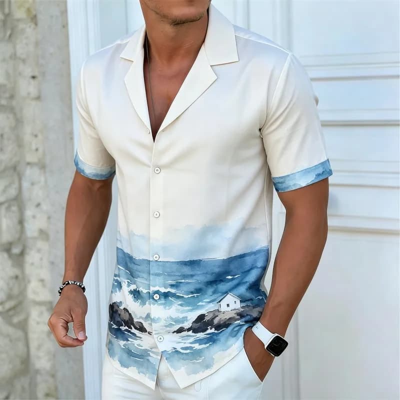 Men's watercolor landscape printed Hawaiian shirt, vibrant tropical style, suitable for both home and daily travel