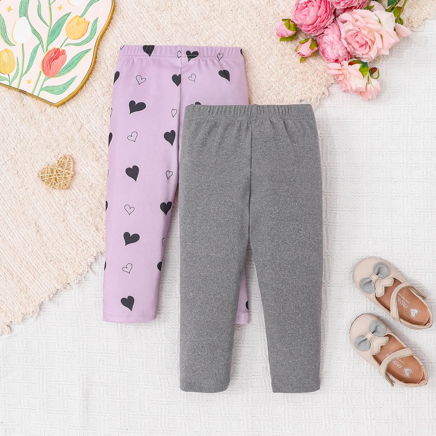 Infant Toddler Baby Girls Heart Print Purple & Solid Gray Leggings Soft Cotton Elastic Waist Stretch Pants 2Pcs All Seasons