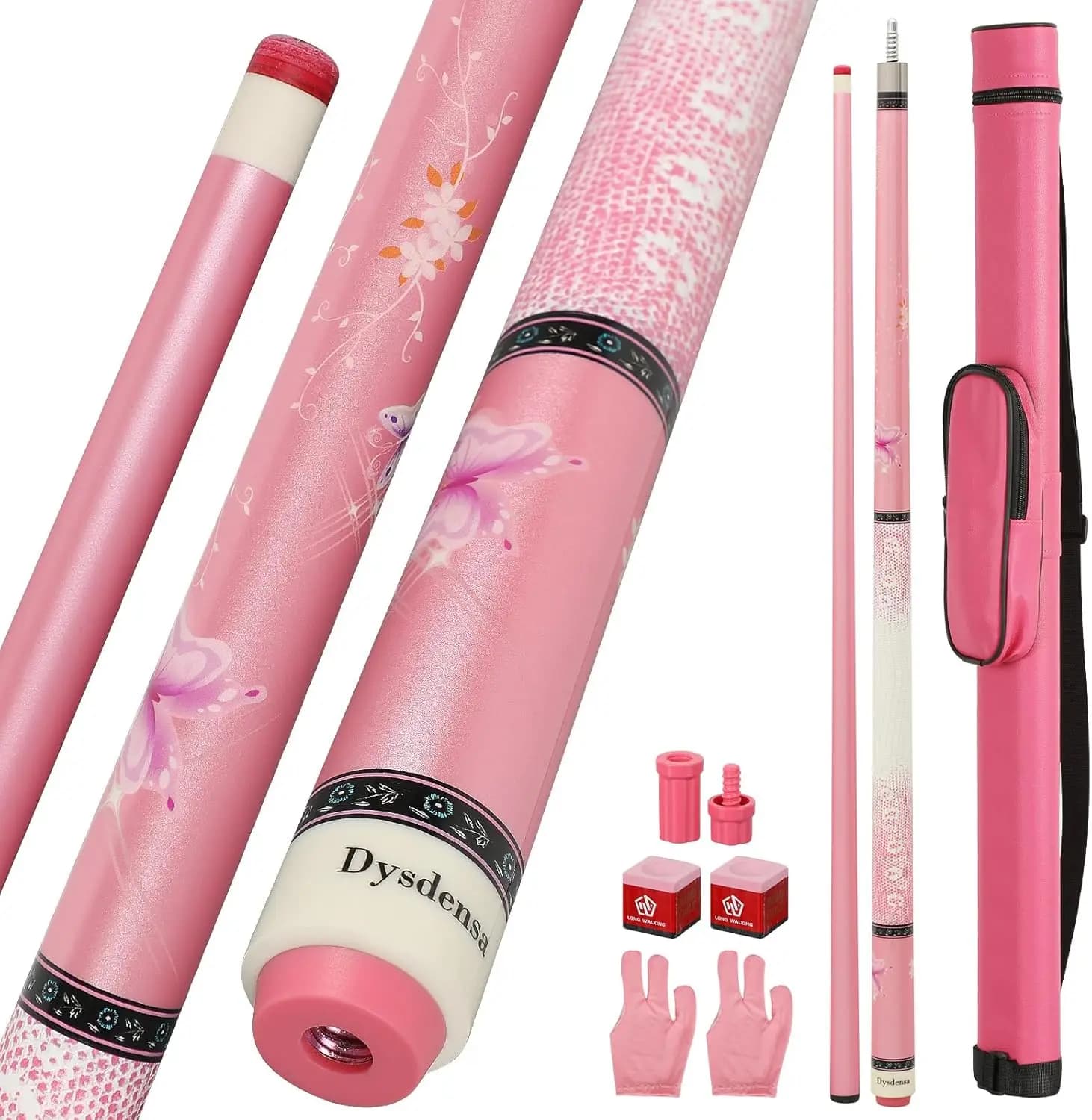 Stecca da Biliardo Rosa 19oz, 58 Pollici in Legno d'Acero con Vernice Metallizzata Floreale, Include Custodia e Accessori