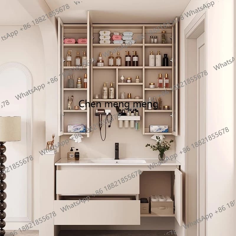 Mobiletto da Bagno con Specchio e Ripiani, Bianco, per Cosmetici, Mobiletto Angolare Stretto per Toilette, Arredamento Casa