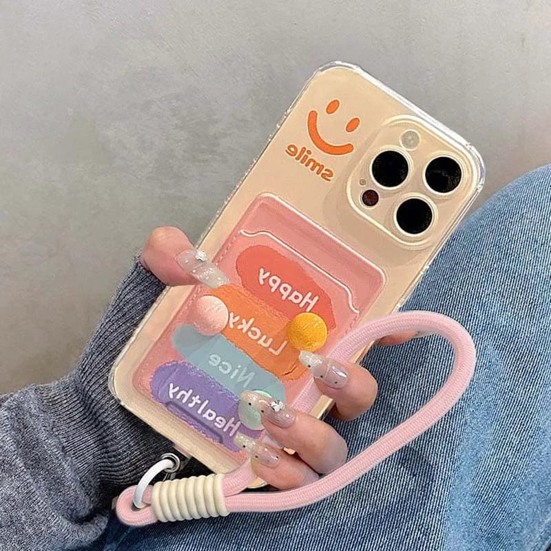 Custodia Protettiva Trasparente Antiurto con Catena e Porta Carte Smile 3D Candy Beans per Xiaomi 13 12 11 Lite 12T 13T Pro X6 X5 X4 X3 NFC M4 M5 Pro