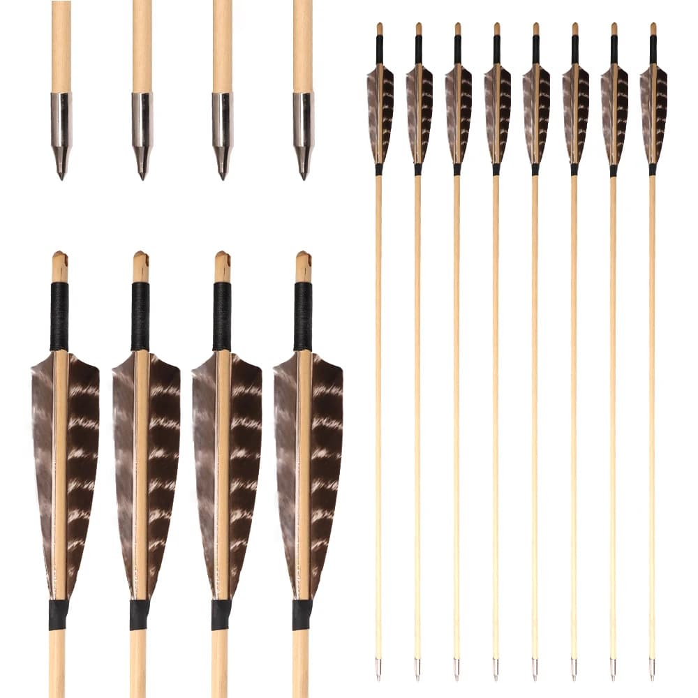 33 Inches Wooden Arrow Shafts with Natural Feathers for Bow Archery Shooting Hunting 6/12pcs