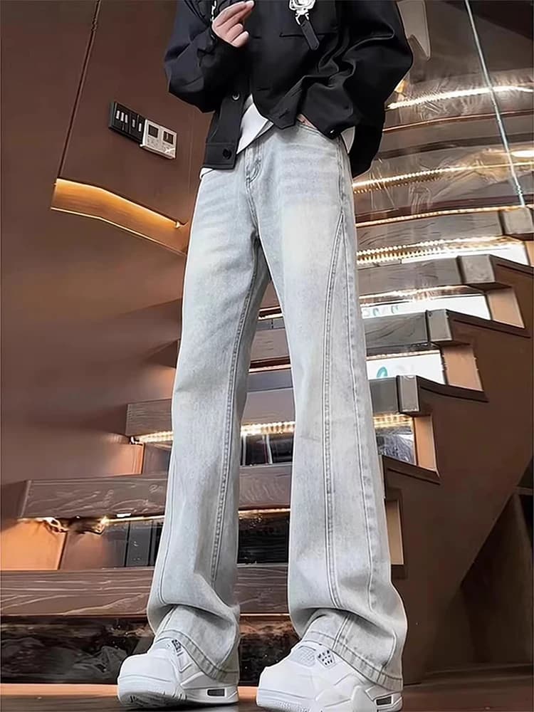 American Sle Extended Length Men's Jeans Slanted Cut Knife Bootcut Slim Fit Straight Leg Micro Flared Pants mid Waist Butto...