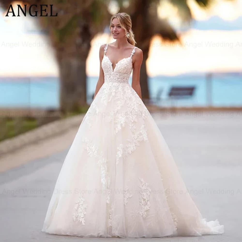 ANGEL Personalizzato A-line Appliques Con Scollo A V Backless Abito Da Sposa 2025 Pizzo di Lusso Per Le Donne Festa Nuziale abiti da sposa