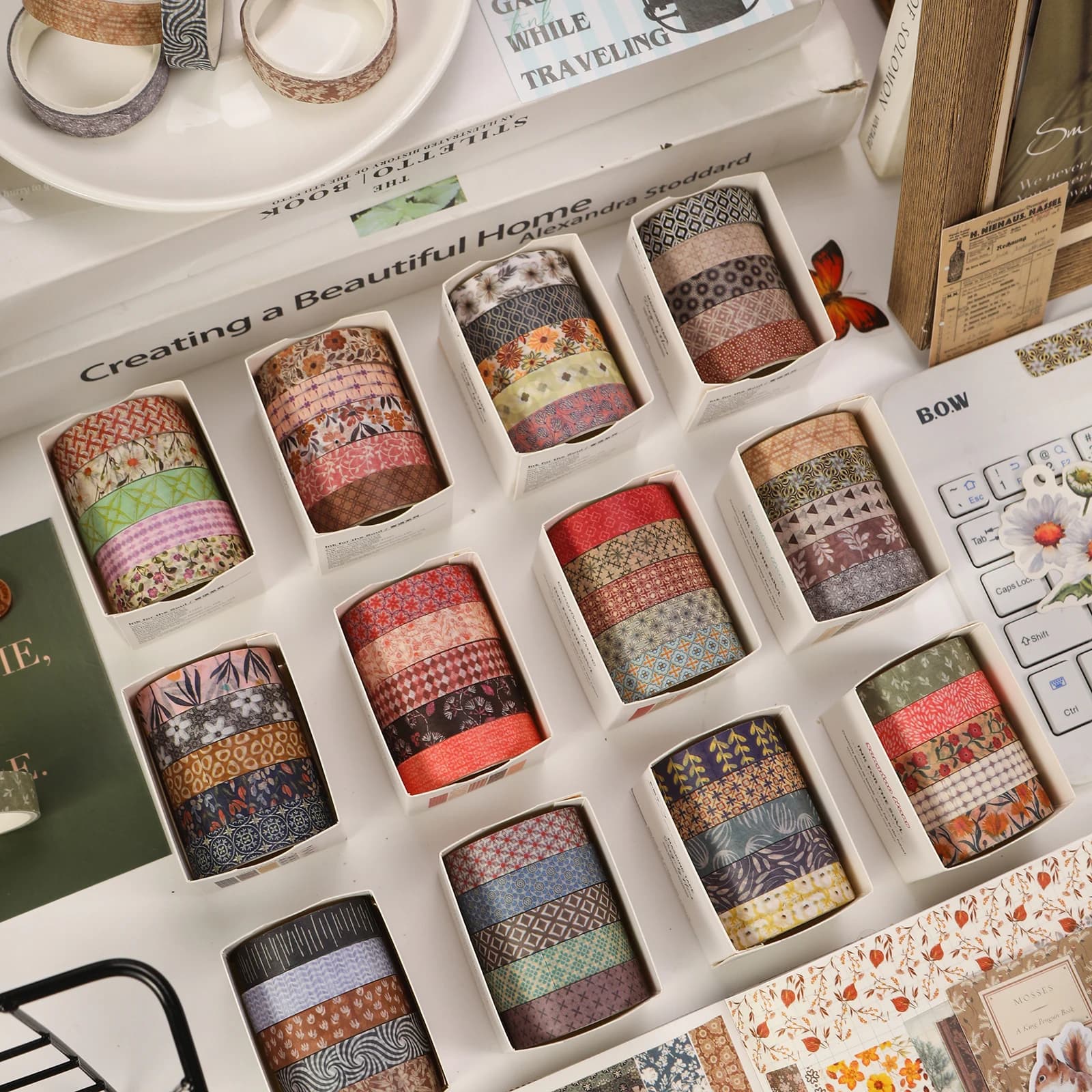 5Rolls/set Flowers/Striped/Grid Washi Tape Small Diary Decoration Adhesive Stickers Scrapbooking Supplies