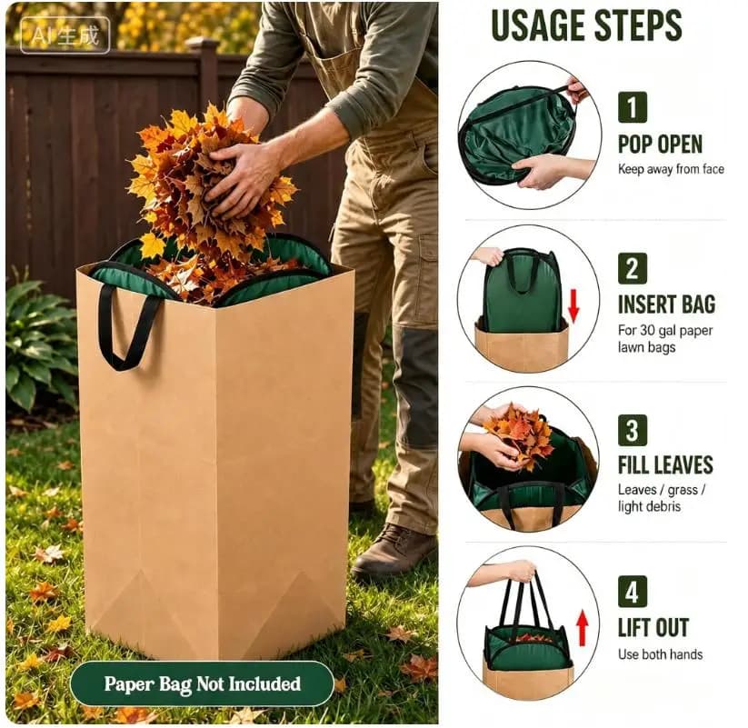 Reusable Leaf Bag Funnel For 30 Gallon Paper Lawn Bags, Flat-Fold 2-in-1 Dustpan With Reinforced Handles For Easy Yard Cleanup