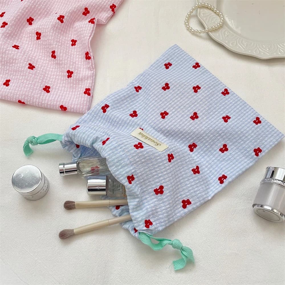 Plaid Red Cherry Embroidery Drawstring Makeup Bag Soft Fabric Storage Pouch Travel Underwear Cosmetics Divided Organizer Bag