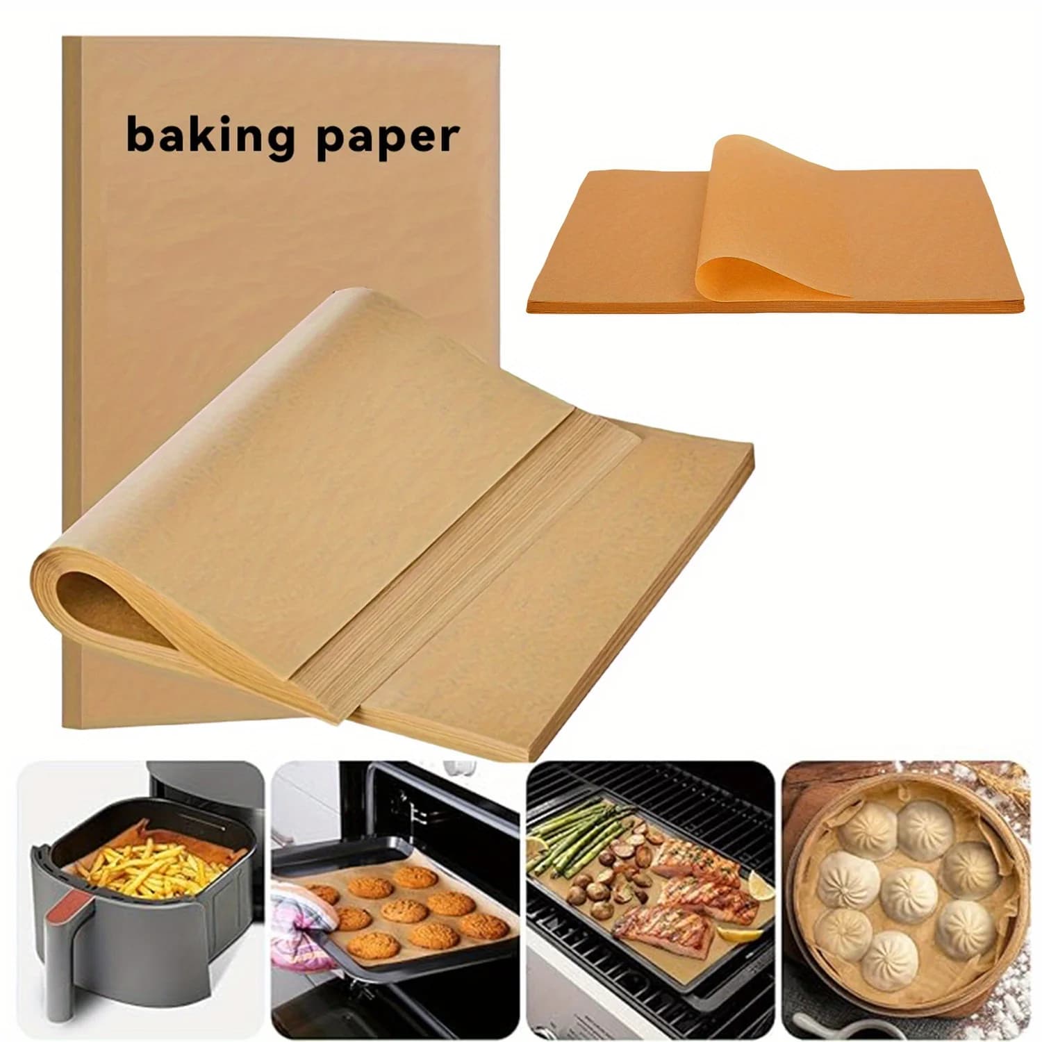 50/100 fogli di carta pergamena, carta pergamena non sbiancata per cuocere alla griglia, friggitrice ad aria e cottura a vapore, pane antiaderente, torte