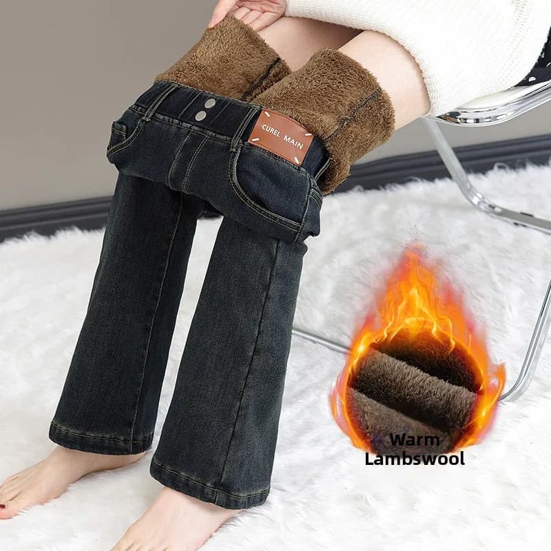 High Waist Thickened Fleece Lamb Velvet Jeans Women's Winter Bell Bottom Casual Style Cotton Blend High Stretch Denim Pants