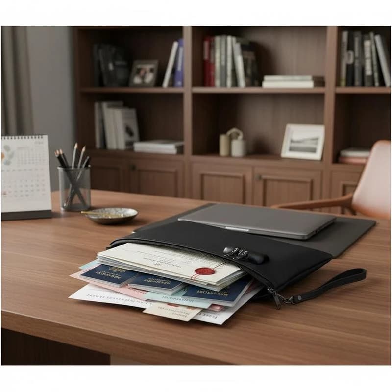 Security File Pouch 14.2" x 10.6" x 4" For Home Office Travel, Combination Lock Large Capacity Double Layer Portable Storage Organizer Suitcase Handle Strap Legal Size Documents Passports Certificates Files Laptop Card Folders Money