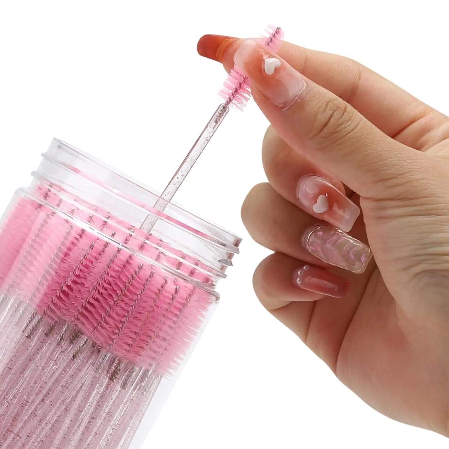 100 Pezzi Scovolini Monouso per Mascara, Spazzole in Cristallo per Sopracciglia ed Extension Ciglia, Pennelli Rosa per Ciglia con Contenitore