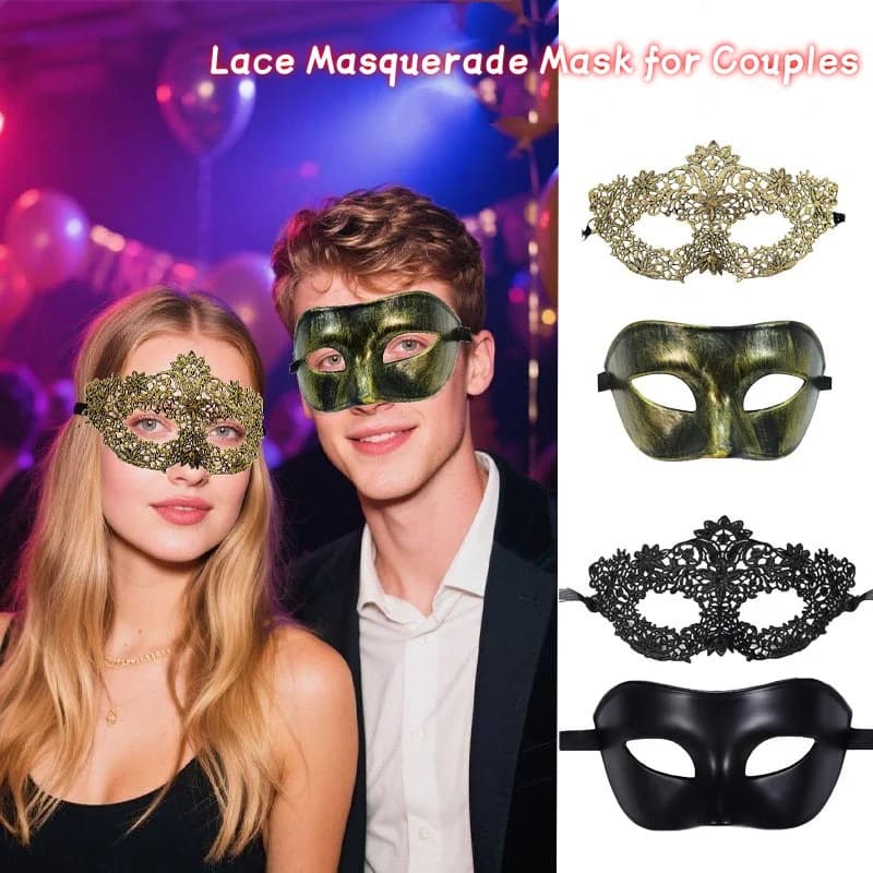 Maschere in maschera nere per coppie Maschere in pizzo e plastica per feste Set di maschere veneziane di Halloween Mardi Gras per donne e uomini