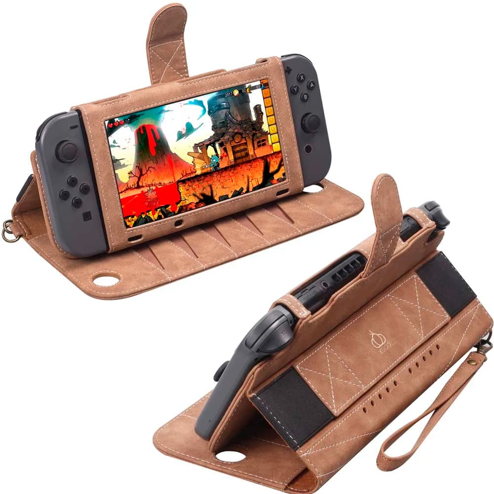 Custodie in pelle PU con slot multi-card per Nintendo Switch Oled Cover Stand Flip Portafoglio Custodia protettiva Borsa con cinturino in corda