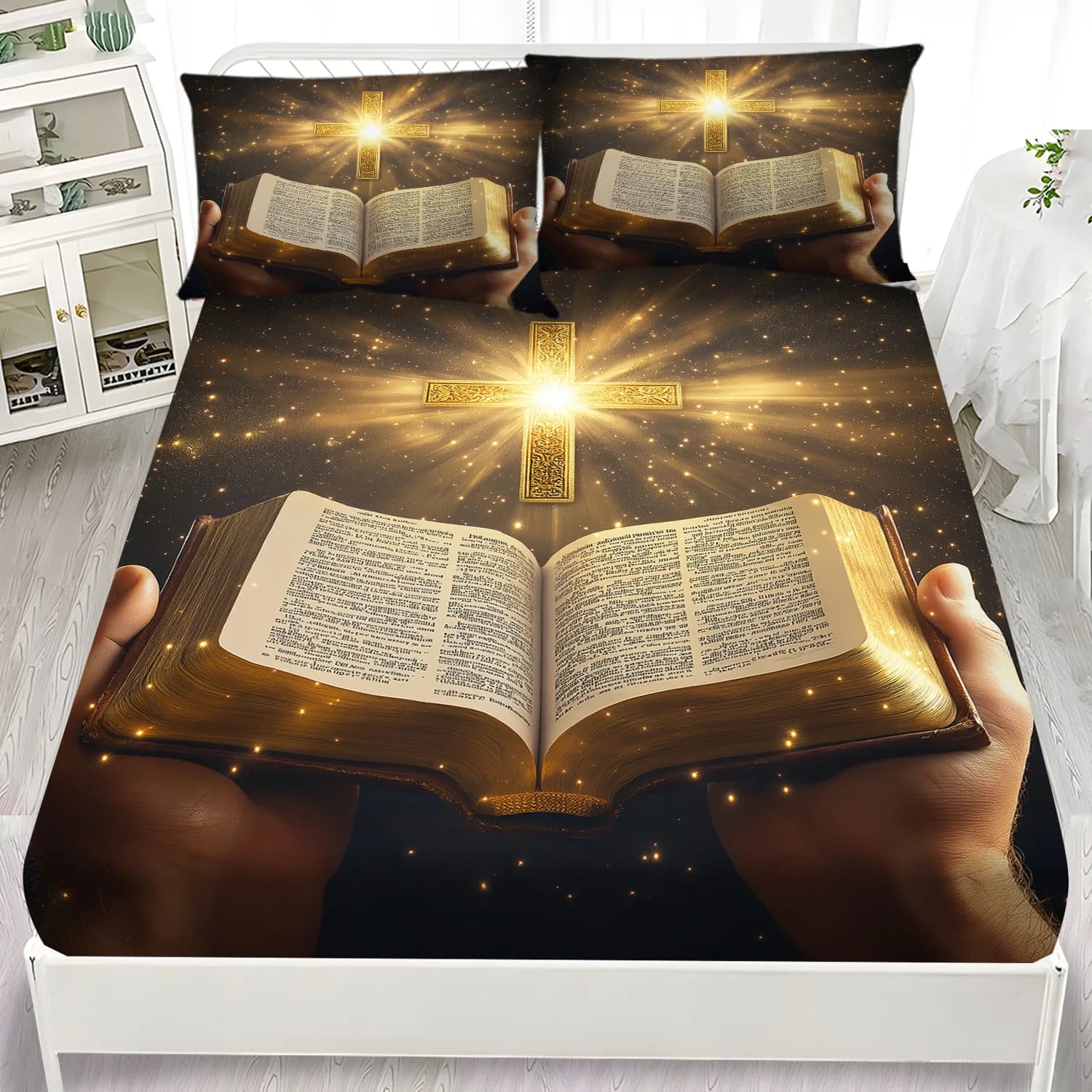 Latacacaca Set 3 sheets with religious corners and cross, 1 sheet with corners and 2 pillowcases, bed linen set for all seasons, perfect