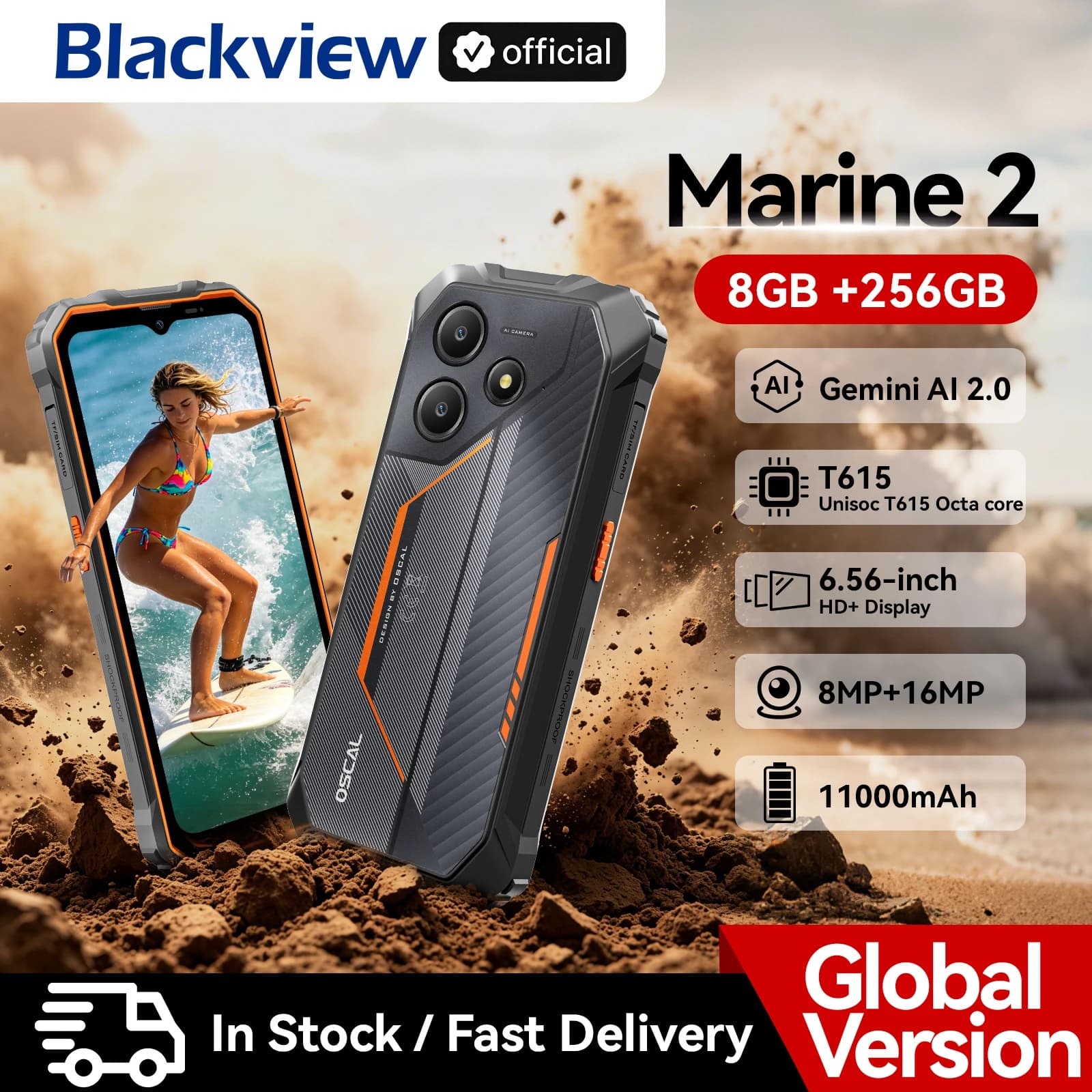Blackview OSCAL Marine 2 Smartphone Rugged AI, Display HD+ da 6.56'', Unisoc T615, 8GB+128GB, 11000mAh, Telefono Android 15 con NFC