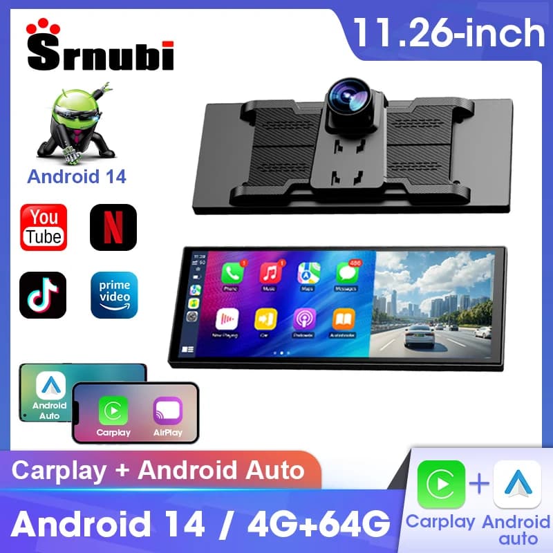 Srnubi 11.26 "Android14 Auto DVR 4G + 64G Dash Cam Carplay Android Auto Dual Lens Video Recorder for Youtube Netflix Support 4G Net