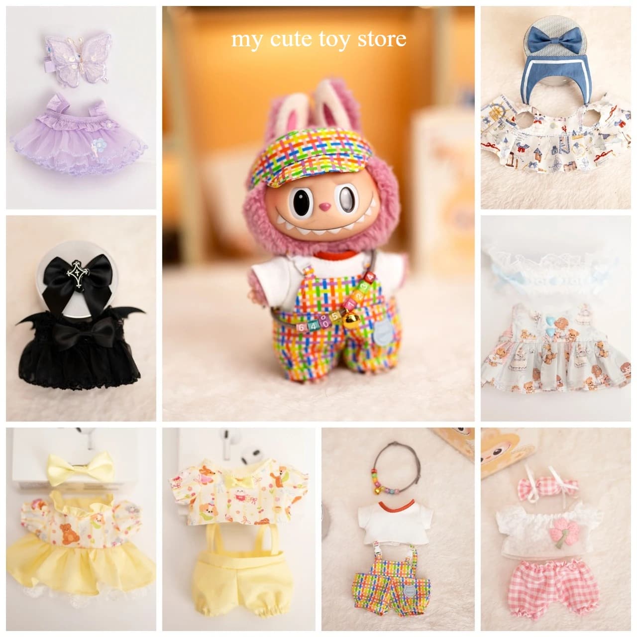 Cappotto per bambini Labubu da 17 cm Tuta colorata a quadretti con gomma da masticare Cappotto per bambini in peluche per bambola Labubu