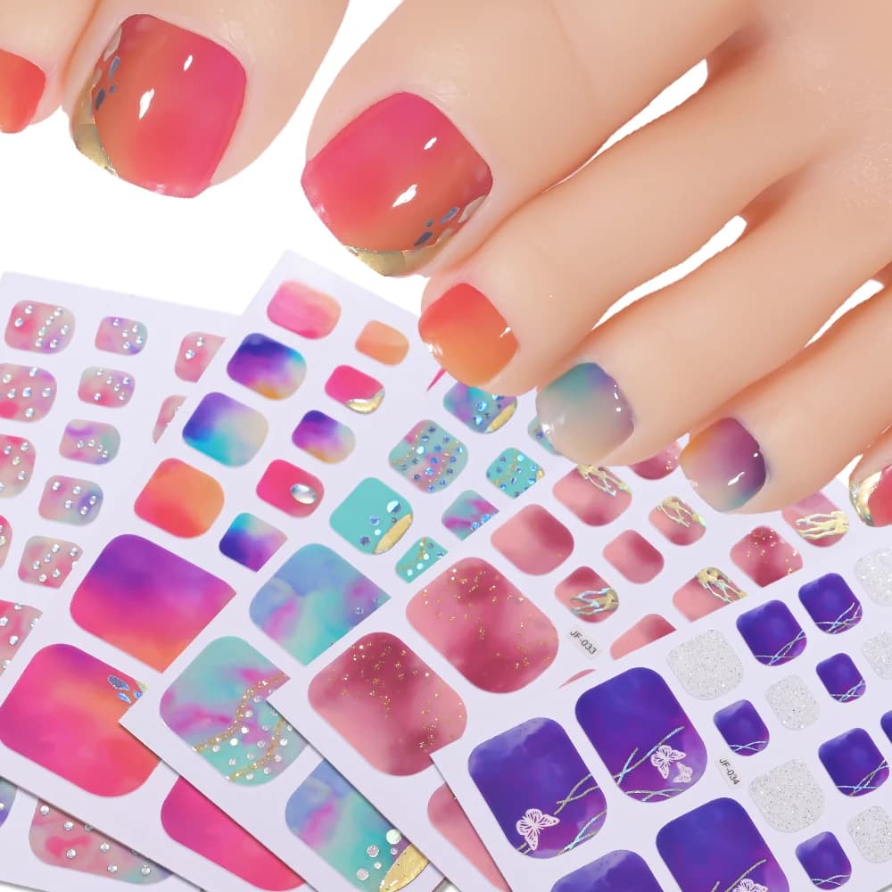 22 punte/foglio fai da te glitter adesivi per unghie dei piedi copertura completa adesivo per smalto decalcomanie autoadesive decorazione pedicure involucri per unghie dei piedi