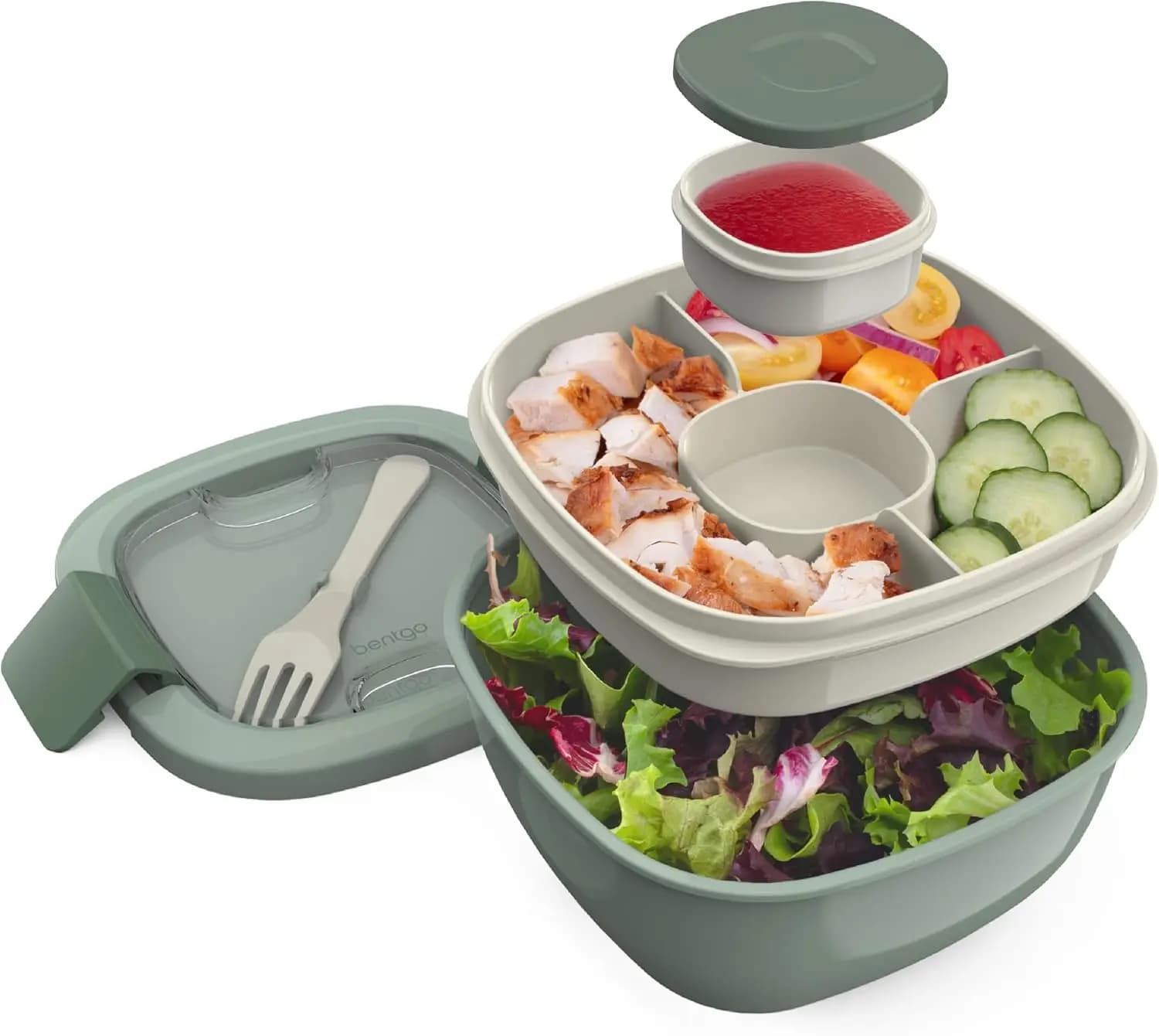 Ciotola per insalata da 54 oz con vassoio per condimenti a 4 scomparti, contenitore per salse a prova di perdite, forchetta riutilizzabile, contenitore per il pranzo senza BPA per la preparazione dei pasti e la conservazione degli alimenti, vassoio bento rimovibile (verde kaki)