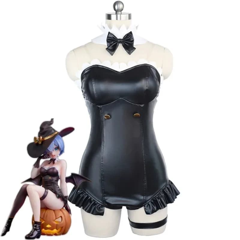 Anime Re: Vita in A Different World From Zero Rem Costume Cosplay Bunny Girl Sexy Tuta nera Parrucca in pelle Pu Vestito da festa per donnax
