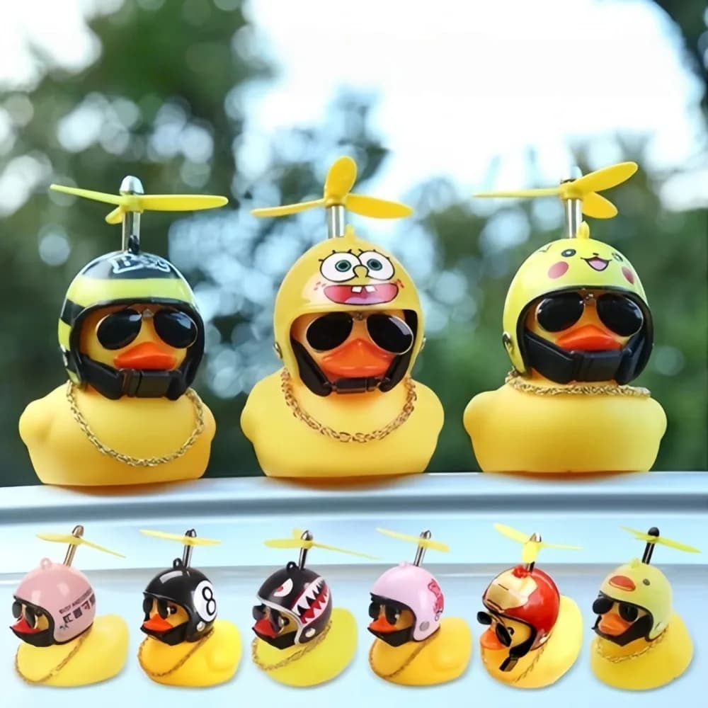 Cute Rubber Duck Car Ornament Bicycle Handlebar Decoration with Helmet Propellers Glasses Gold Chain Yellow Duck Creativity Kit