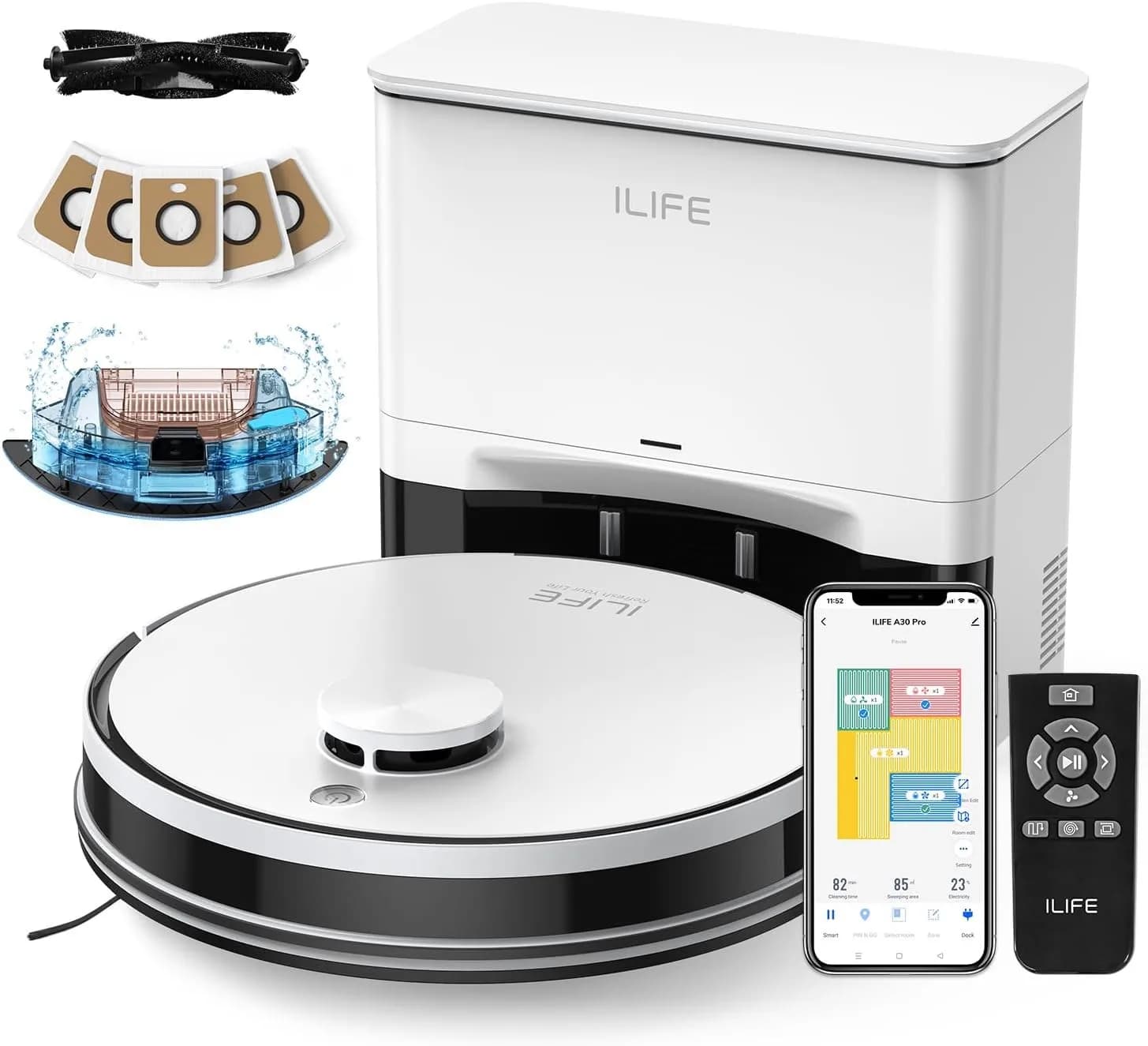 ILIFE A30 Pro Robot Aspirapolvere e Lavapavimenti, Stazione di Svuotamento Automatico per 60