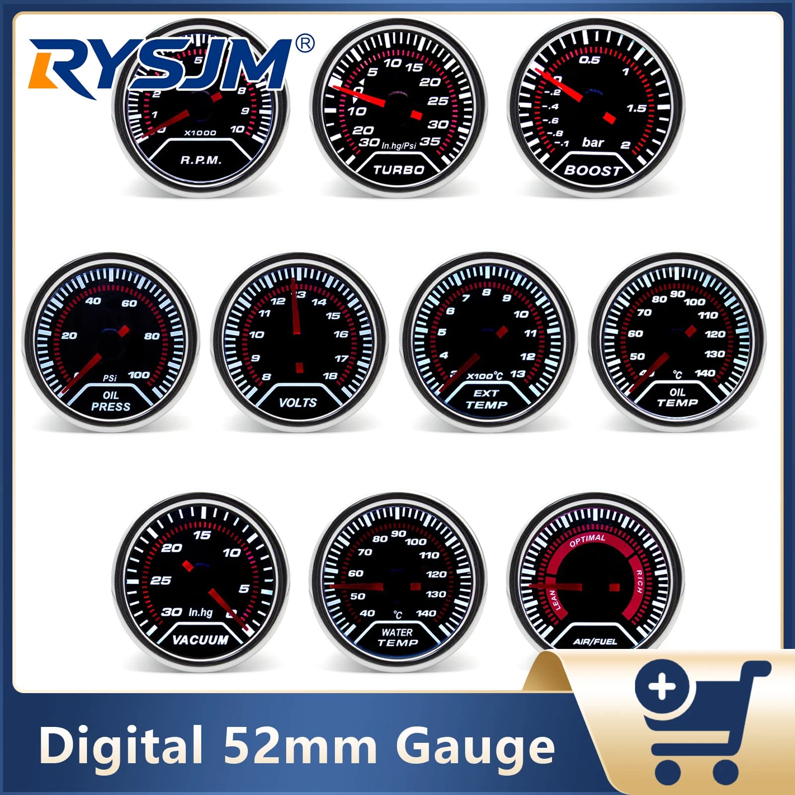 Manometro 52mm per auto: pressione turbo, temperatura acqua, temperatura olio, tensione, contagiri, rapporto aria/carburante, vuoto, temperatura gas di scarico per auto 12V