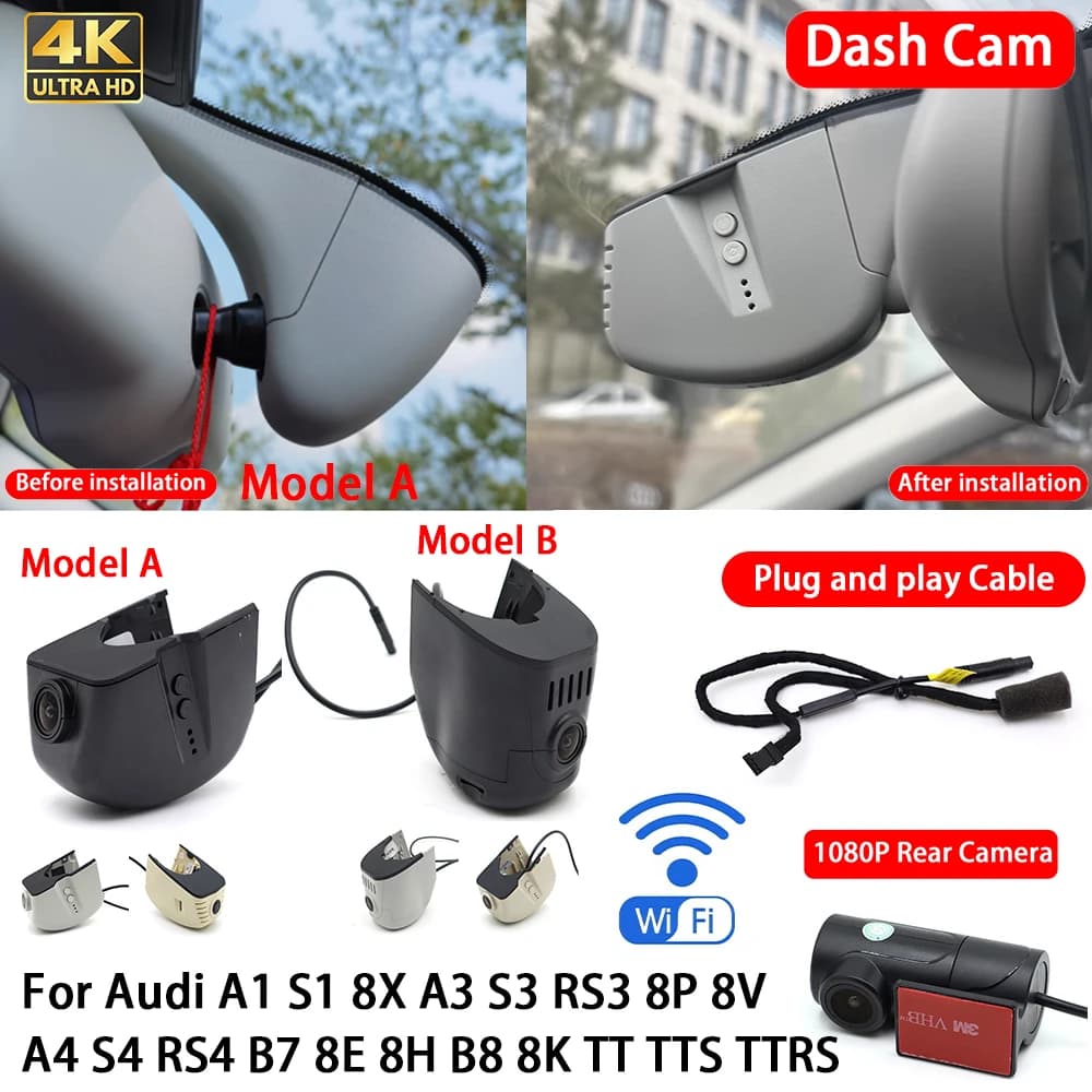 for Audi A1 S1 8X A3 S3 RS3 8P 8V A4 S4 RS4 B7 8E 8H B8 8K TT TTS TTRS 4K Dash Cam Front Rear Car Camera DVR Wifi Plug & Play