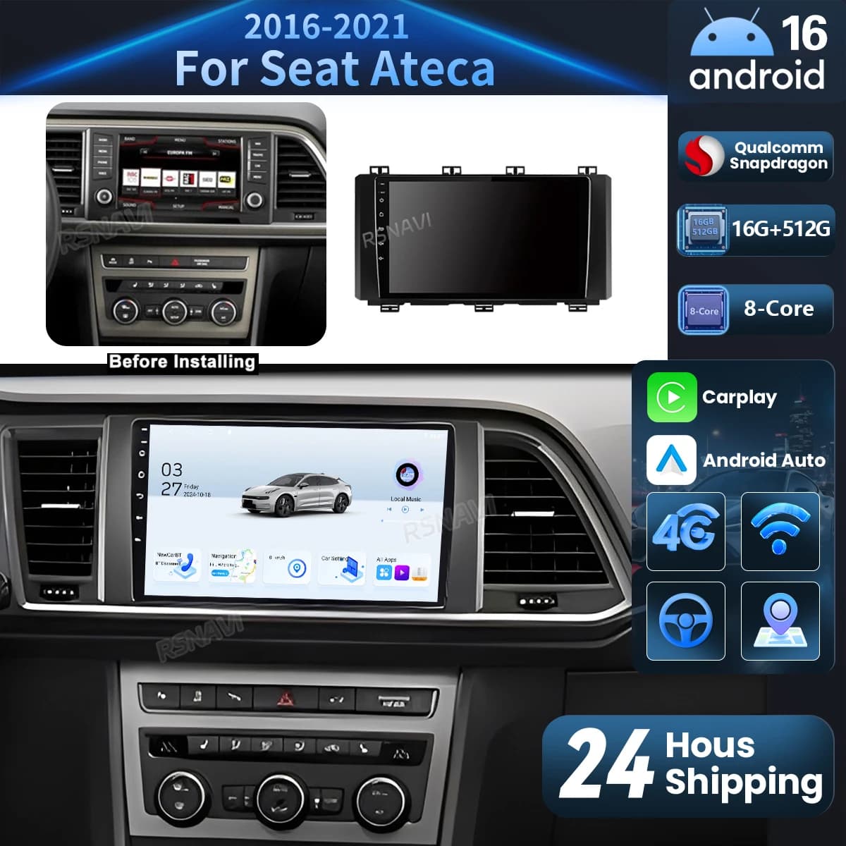 Android 15 Carplay Auto 2K Schermo Autoradio Lettore Multimediale Per SEAT Ateca Cupra 2016 - 2021 2 Autoradio Stereo Snapdragon BT