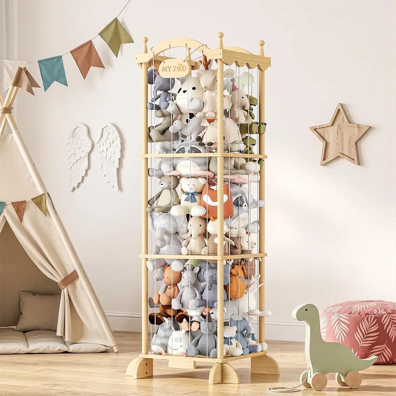 Organizzatore per Peluche di Grandi Dimensioni, Porta Giocattoli in Legno con Clip e Corde, Contiene Oltre 70 Giocattoli per la Cameretta dei Bambini