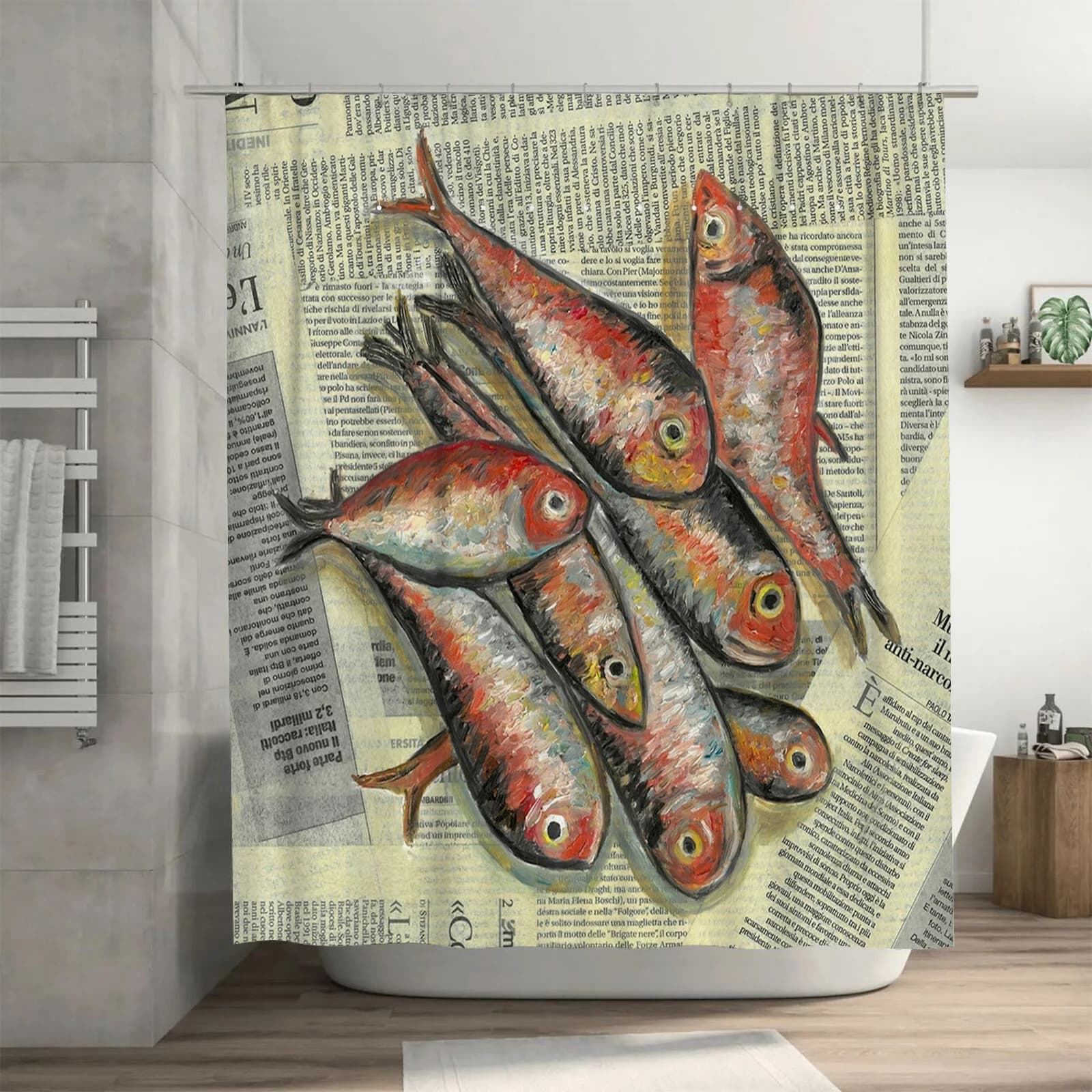 Tenda da doccia artistica con pesci | Sfondo di giornali vintage