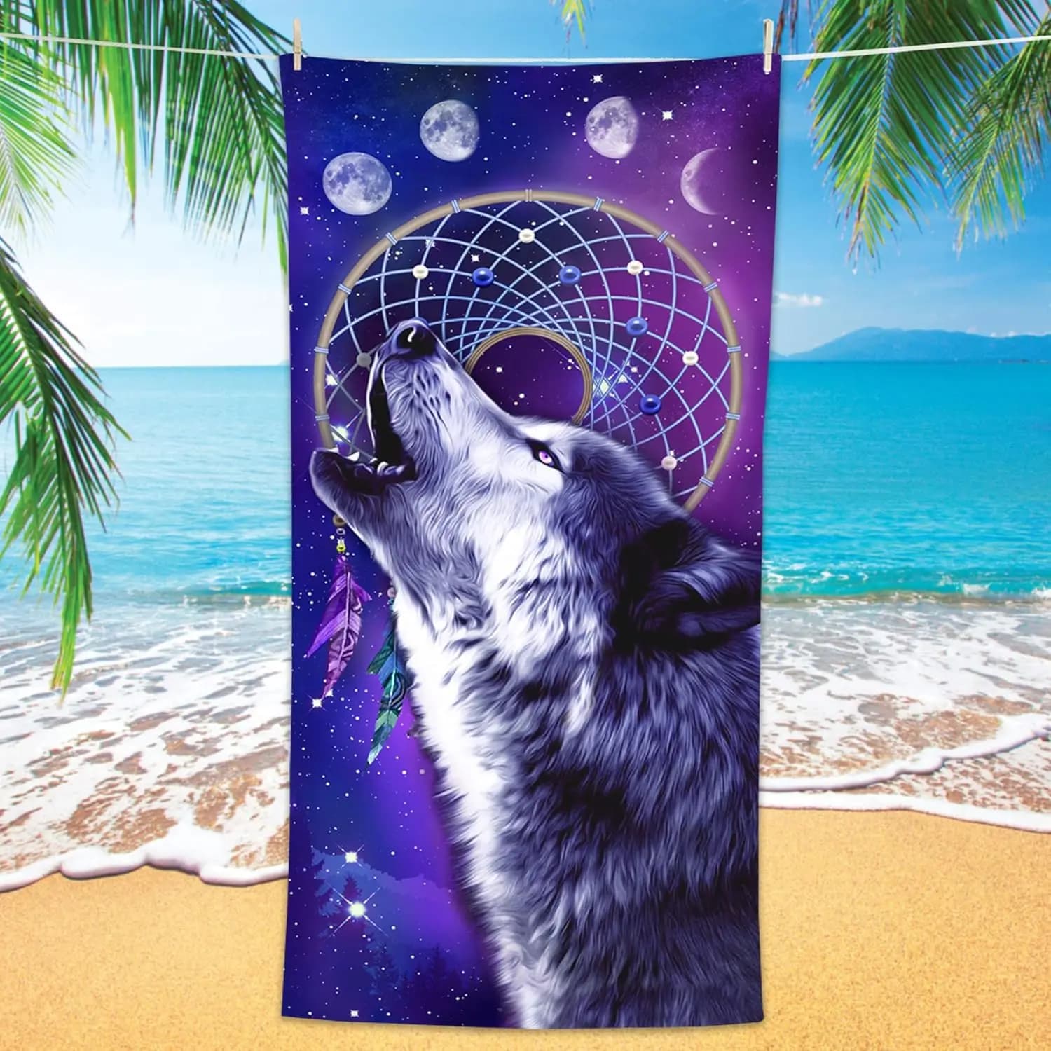 Asciugamano da spiaggia Wolf 31,5x63 pollici con stampa Dreamcatcher Galaxy, asciugamano da bagno morbido in microfibra ad asciugatura rapida per uomo e donna, viaggi estivi