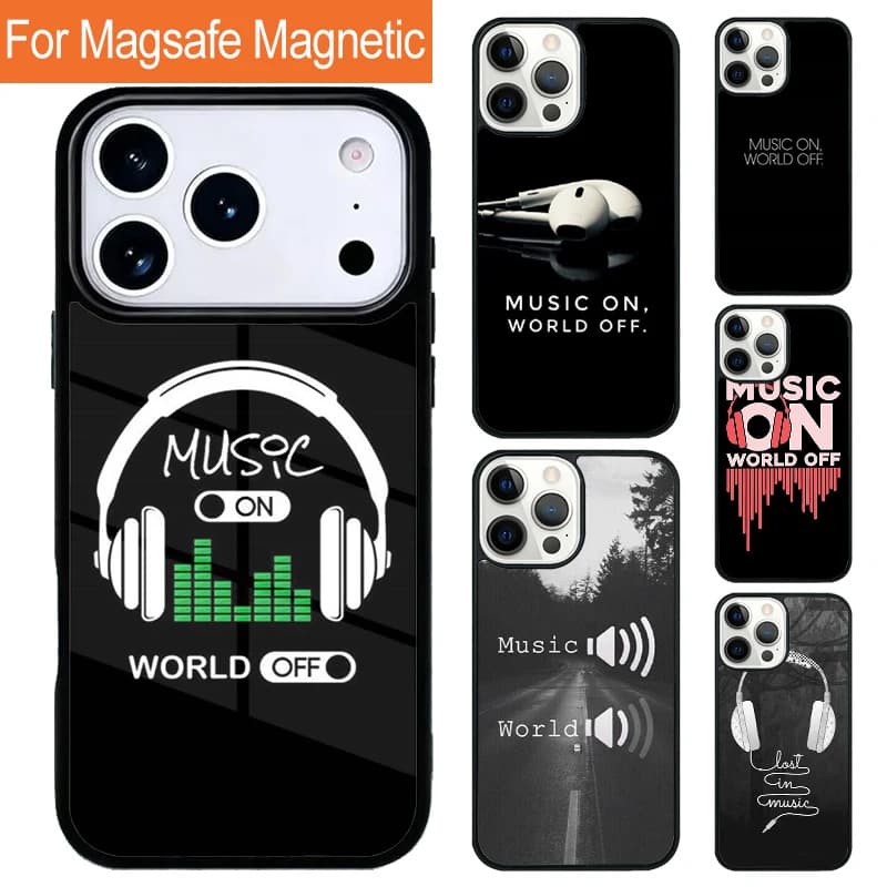 Custodia per telefono con ricarica wireless magnetica Music On World Off per iPhone 17 Pro 16 15 13 12 11 Pro Max Air 14 Plus con cover Magsafe