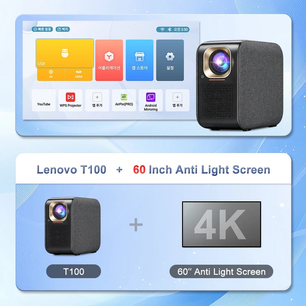 Proiettore+schermo Lenovo T100 con tre dimensioni tra cui scegliere: proiettore Full HD 1080P, TV 4K WiFi, home theater 6 850 ANSI