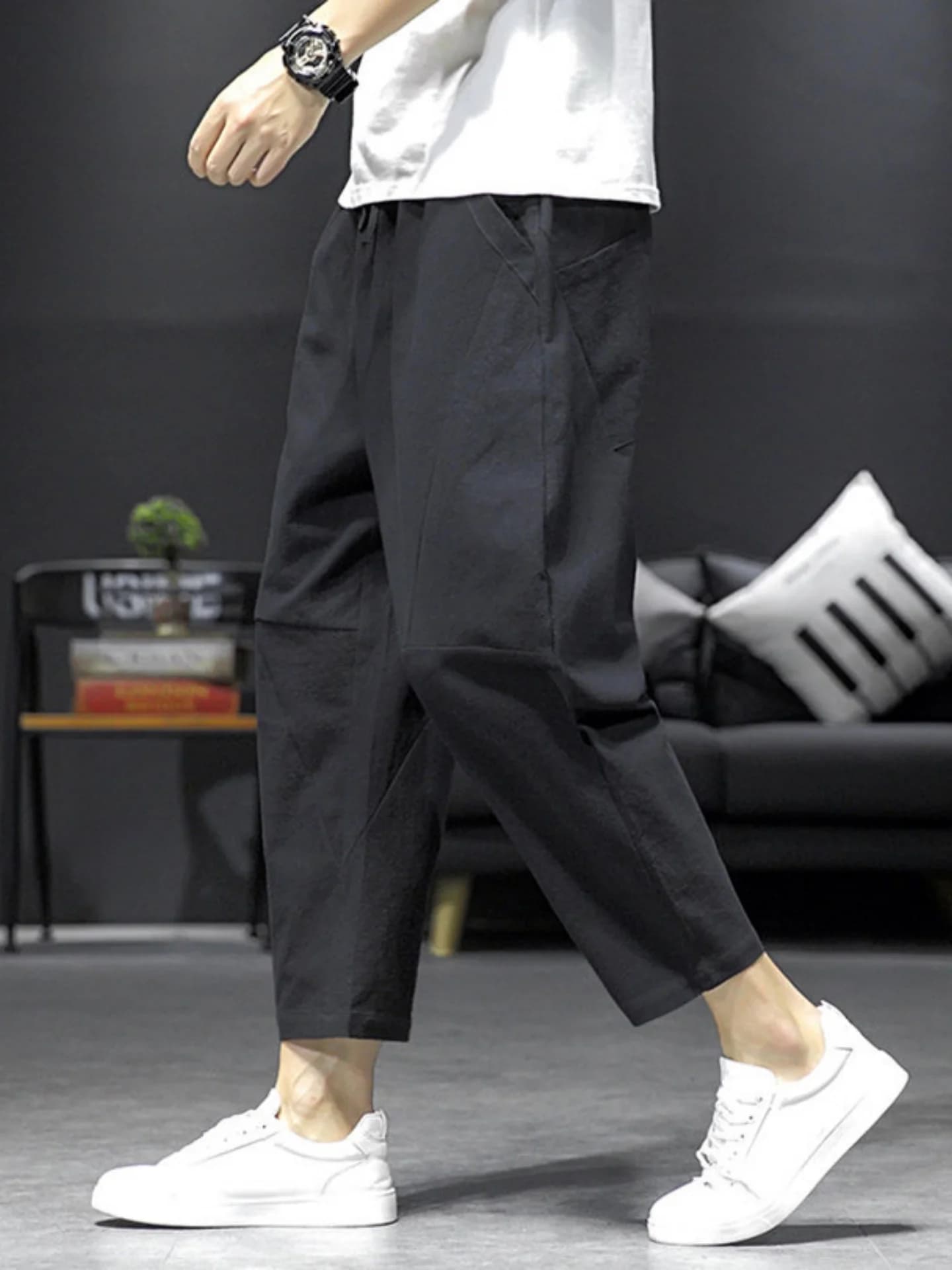 Summer Men's Loose Fit Thin Cotton Linen Pants Straight Leg Nine Points Jeans Sle Faionable Japanese Brand Slim Tapered