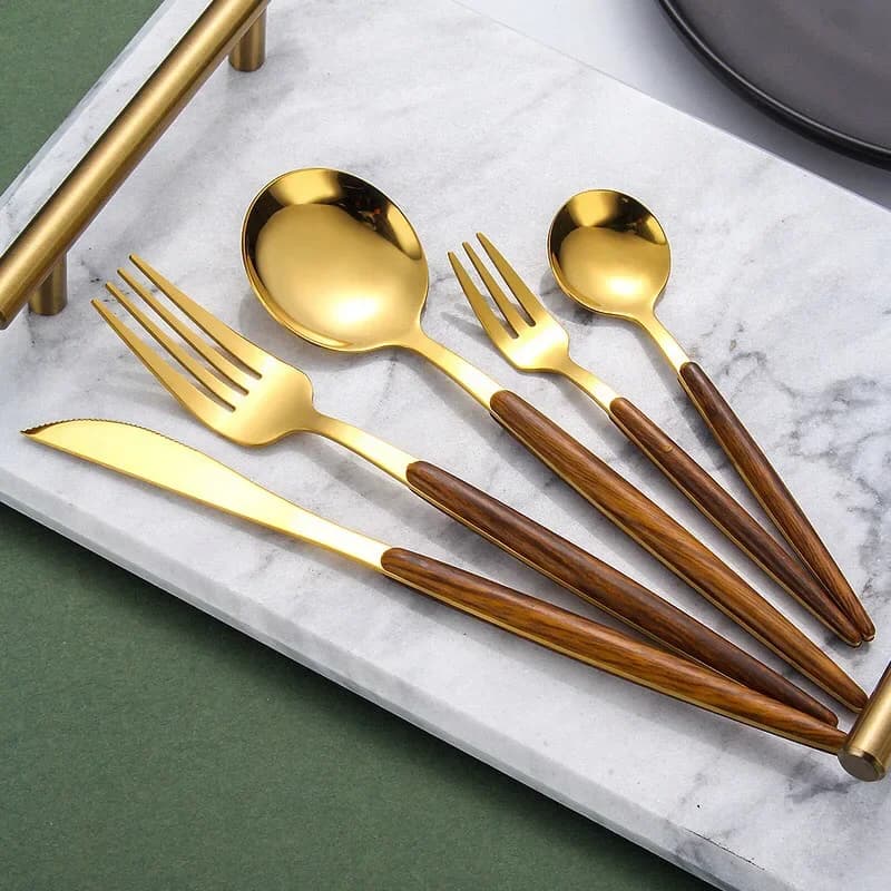 30Pcs Wooden Tableware for Kitchen Cutlery Set Stainless Steel Dinnerware Sets Glossy Wood Western Food Knife fork Teaspoon