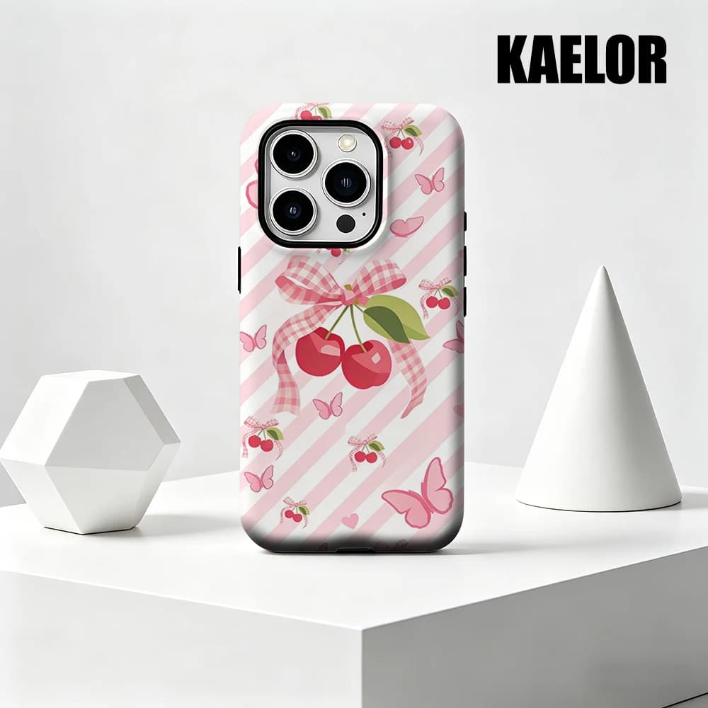 Custodia Kaelor opaca antiurto per MagSafe per iPhone 17 16 15 14 Plus 13 Pro Max, in PC rigido, con strisce rosa e motivo ciliegia