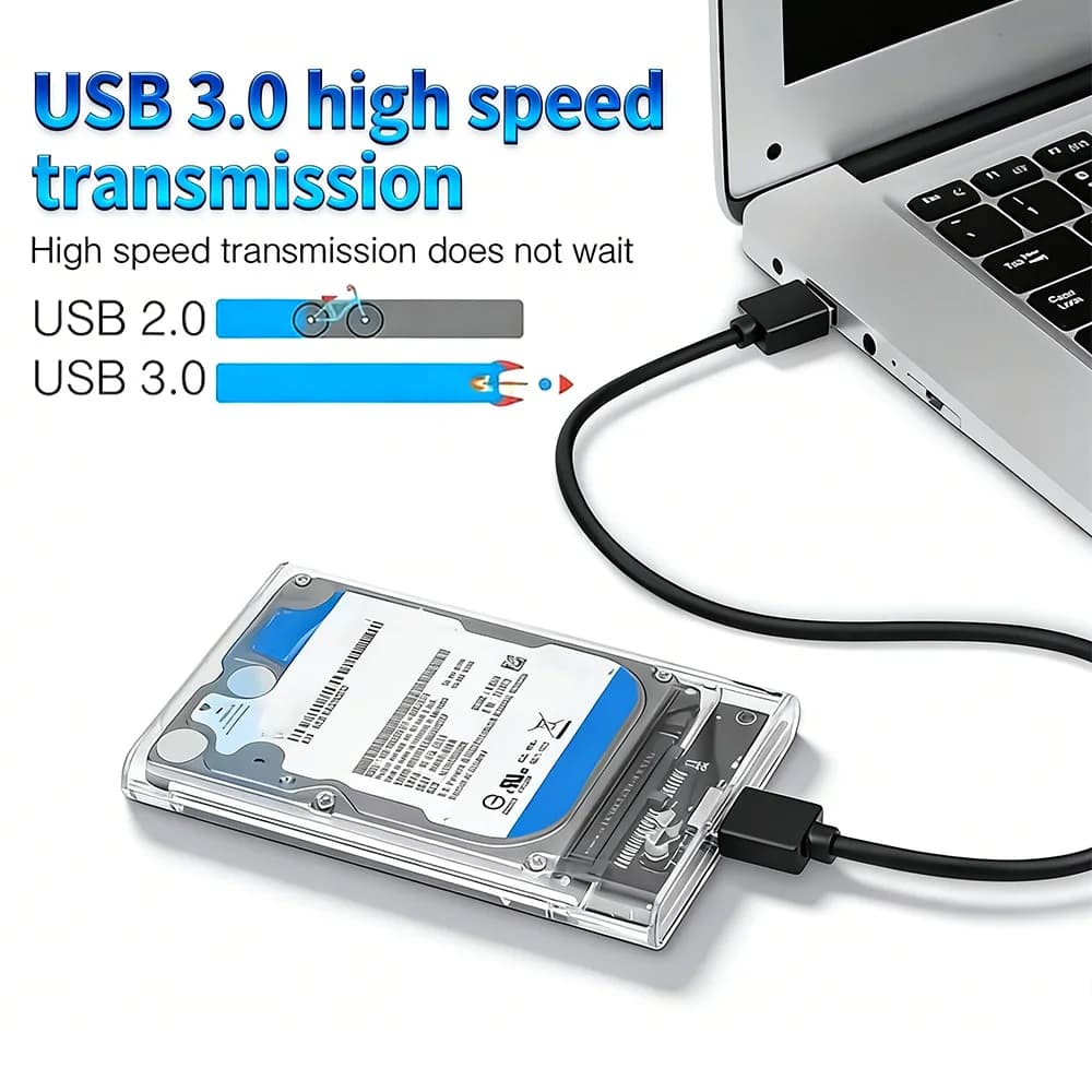 Transparent 2.5 inch SATA USB 3.0 external box for hard disk, 5 Gbps, plug & play for 9.5 mm and 7 mm HDD/SSD, up to 4 TB